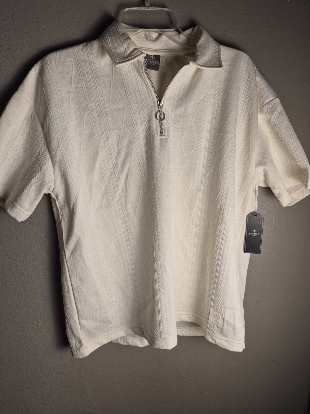 Saints Mens Cream Short-Sleeve Zip Polo